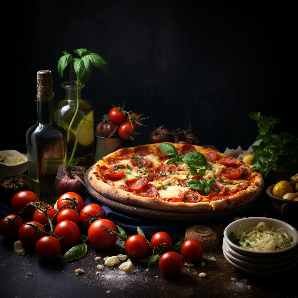 featured_image_of_italian_food_pizza_pasta_olive_oil Nourriture Italienne sur une table, tomates, pizza et huile d'olive